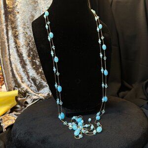 Long Intense Sky Blue Azure Gold Tone Faceted Bead Matching Dangle Earrings